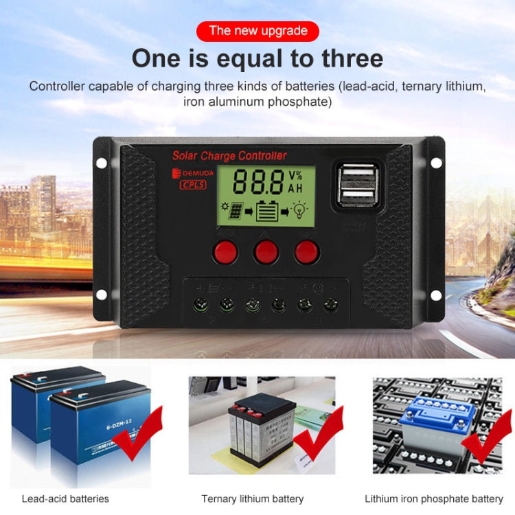 PWM Solar Controller 12V / 24V Lithium Battery Charging Photovoltaic Panel Charging Street Light Controller with Dual USB Output, CPLS-10A, CPLS-20A, CPLS-30A, CPLS-40A, CPLS-50A, CPLS-60A