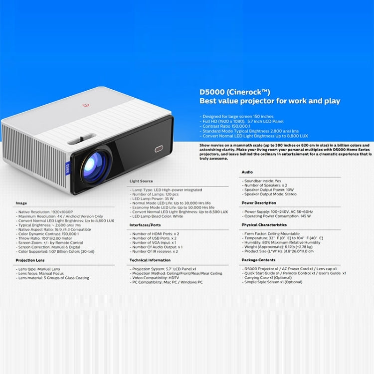 VIVIBRIGHT D5000 1920x1080P 420ANSI 6000Lumens LCD + LED HD Digital Projector, Basic Version, US Plug, UK Plug
