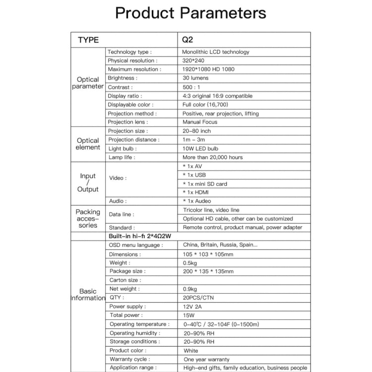 Q2 LED 1080P Mini Portable Projector Children Projector, EU Plug, US Plug, UK Plug, AU Plug