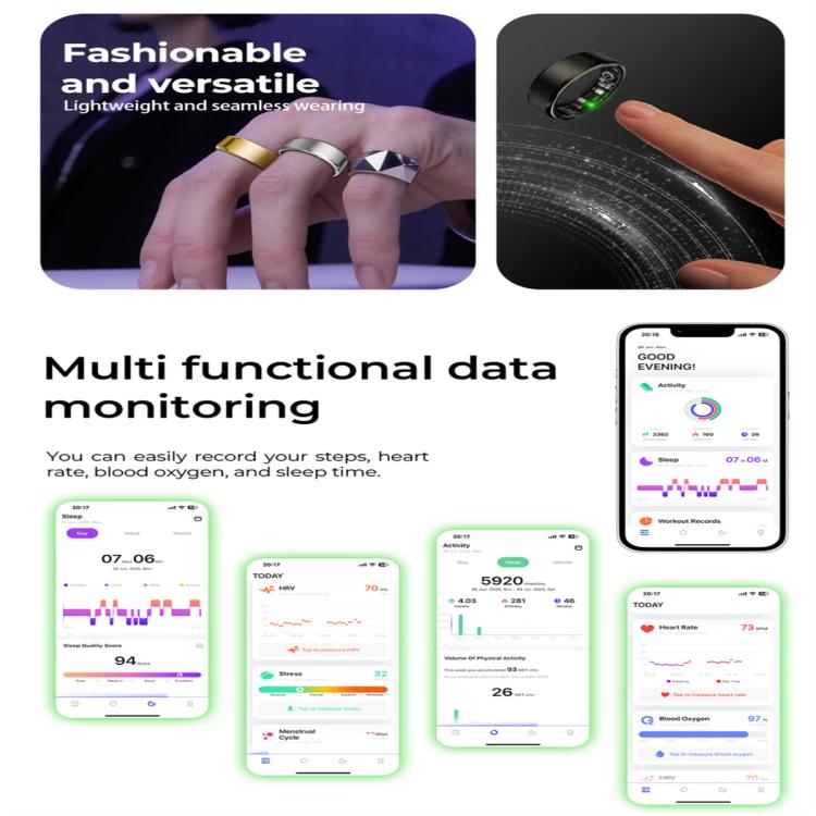 R100 SIZE 9 Smart Ring, Support Heart Rate / Blood Oxygen / Sleep Monitoring / Remote Photography