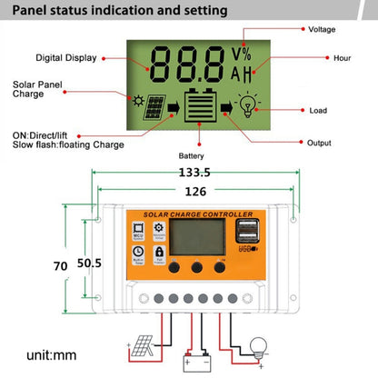 12V/24V Simple Solar Controller Light Time Control Solar Panel Regulator Controller With USB, 10A, 20A, 30A