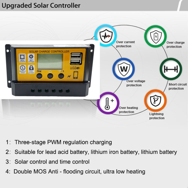 12V/24V Simple Solar Controller Light Time Control Solar Panel Regulator Controller With USB, 10A, 20A, 30A