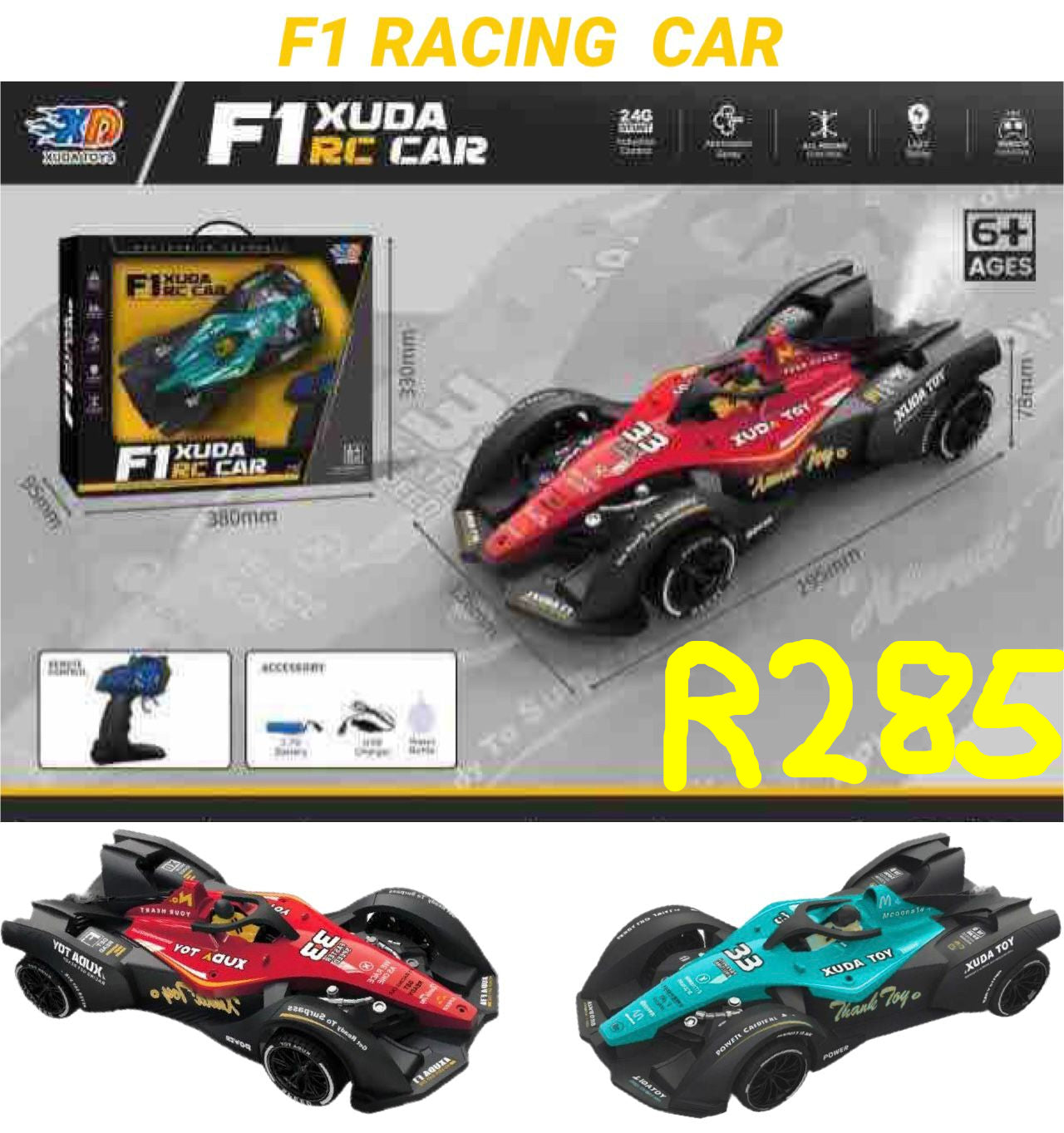 F1 XUDA RC car with packaging and accessories on a gray background